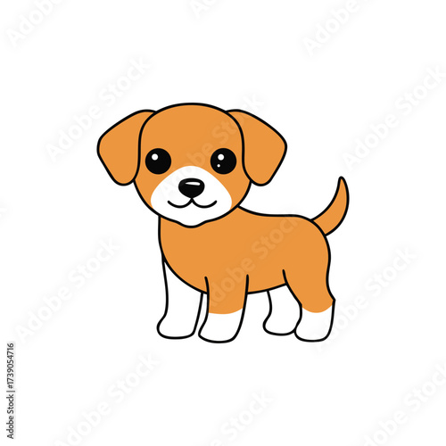 A cute, smiling cartoon puppy with a brown tail has fun with a bone, a funny drawing illustration of a pet dog character