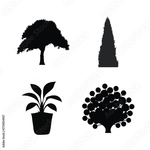 Collection of four distinct tree and plant silhouettes