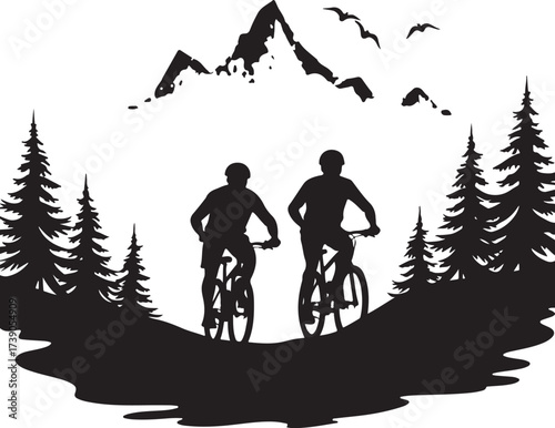 Two cyclists riding bicycles on a hilly terrain with pine trees and mountains