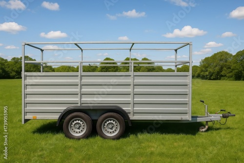 This galvanized trailer sits in a lush green field under a clear blue sky. It awaits transport of animals or equipment.