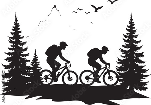 Two cyclists riding bicycles through pine trees and mountains