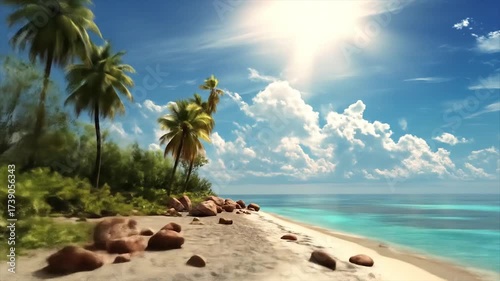 Tropical island with palm trees and clear ocean water under a blue sky