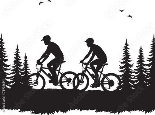 Two cyclists riding bicycles through pine trees silhouette