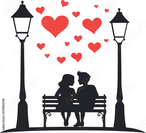 Romantic couple silhouettes sitting on park bench under streetlights with floating hearts