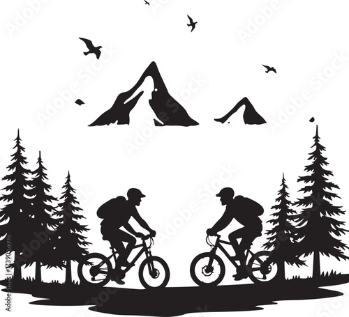 Two cyclists riding bicycles with mountains and trees silhouette