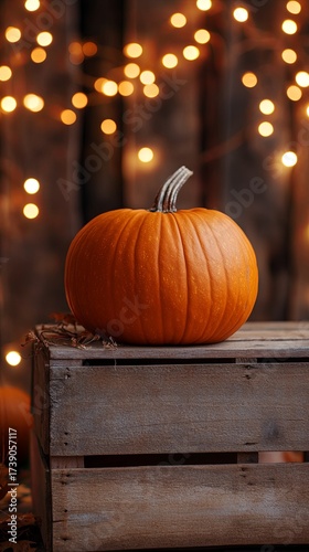 Orange pumpkin on crate, glowing cozy fall background .