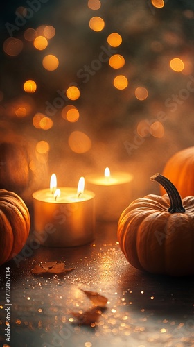 Soft candlelight with bokeh and pumpkins in vertical layout .