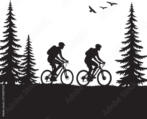 Two cyclists riding bikes through a forest landscape