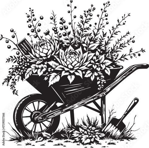 Wheelbarrow with blooming flowers and gardening tools vector illustration for nature and horticulture themes