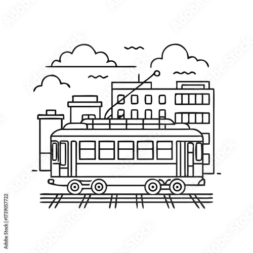 Vintage tram illustration in urban setting, featuring buildings and clouds, showcasing transportation in a cityscape with a nostalgic feel and artistic design