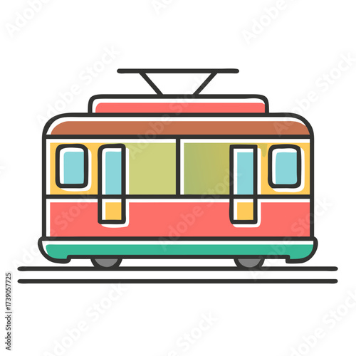 Colorful tram illustration with vibrant details, showcasing urban transportation design, featuring windows, wheels, and overhead lines in a playful style