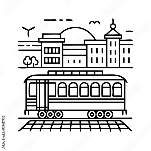 Line art illustration of a vintage tram on tracks, with a city skyline featuring modern buildings, trees, and wind turbines, representing urban transportation and sustainability