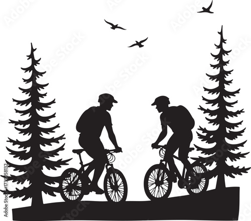 Two cyclists riding mountain bikes among pine trees