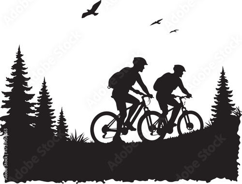 Two cyclists riding mountain bikes on a grassy hill with pine trees