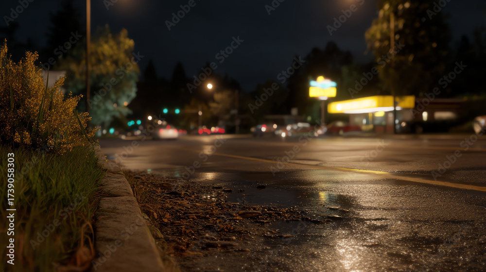 Fototapeta premium Wet street at night with reflections of streetlights and blurred car lights in the distance, bordered by grass and a curb