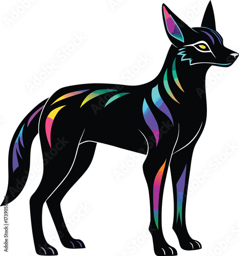 Mystical Black Fox with Multicolored Markings – Fantasy Animal Illustration on White Background