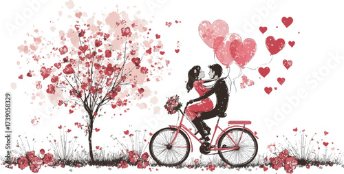 Whimsical couple riding bicycle together under heart shaped tree with balloons