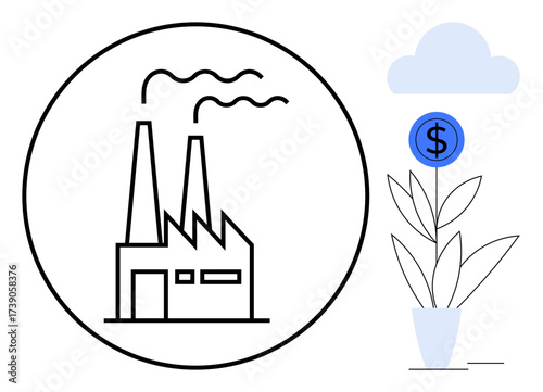 Factory releasing emissions in circular outline paired with a potted plant growing a dollar sign. Ideal for sustainability, green economy, business growth, industrial impact, eco-awareness