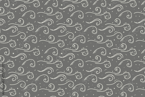 Holiday Christmas seamless pattern. Winter holidays. Strong gust of wind, falling snowflakes, gray background. Vector illustration. For wallpaper, textiles, packaging, background or website.