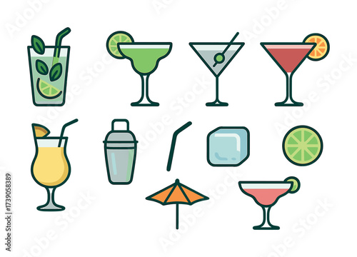 Colorful cocktail icons set featuring popular drinks and garnishes