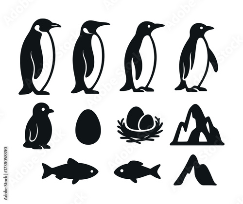 Penguin silhouettes with fish, eggs, and mountain icons