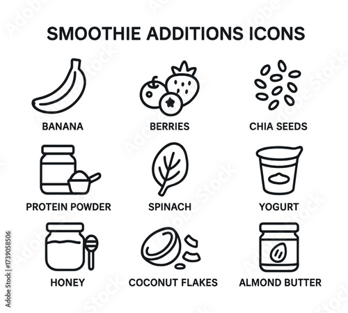 Smoothie additions icons: banana, berries, chia seeds, protein, spinach, yogurt