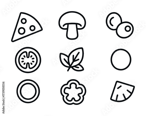 Pizza ingredients line icons: cheese, pizza slice, mushrooms, olives, tomato, basil, onion, bell pepper, pineapple