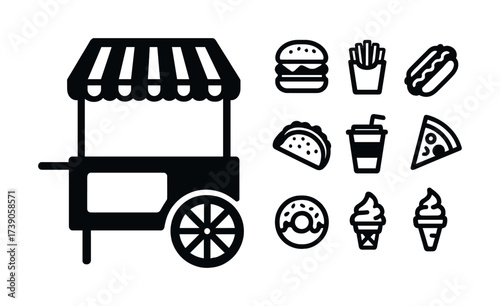 Black and white icons of fast food items and cart graphic