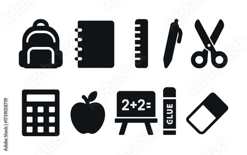 Silhouette icons of backpack, notepad, ruler, pen, scissors, calculator, apple, chalkboard, glue, eraser