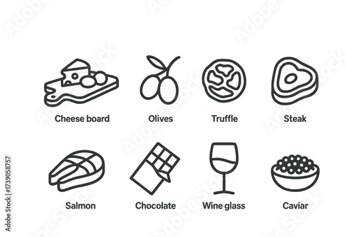 Outline icons of cheese, olives, truffle, steak, salmon, chocolate, wine glass, and caviar