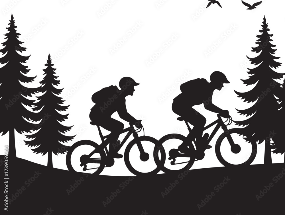 Obraz premium Two cyclists riding mountain bikes through pine trees
