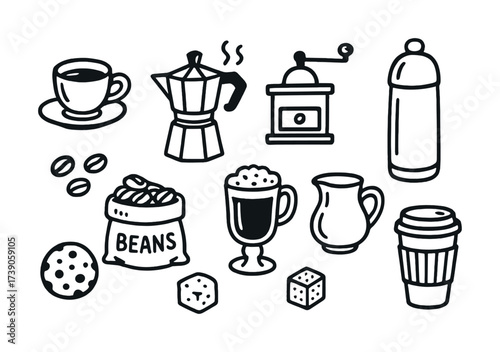 Hand-drawn coffee icons: mugs, grinders, beans, and accessories