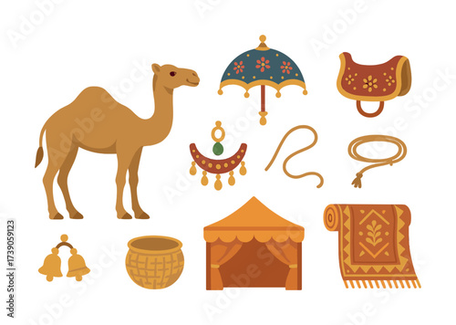 Camel with tent and accessories including saddle, jewelry, and carpet