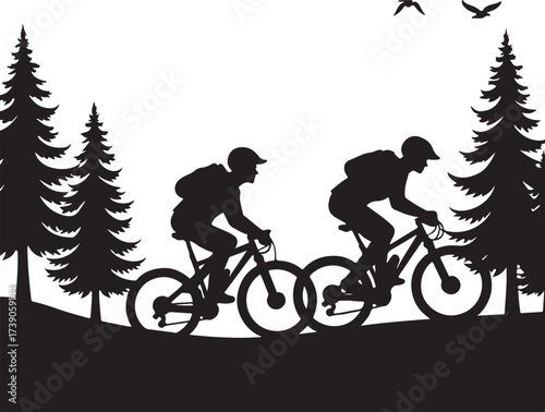 Two cyclists riding mountain bikes through pine trees