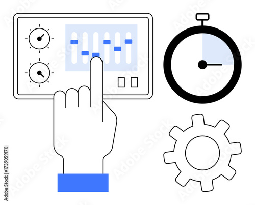 Hand interacting with control panel sliders, stopwatch, and gear. Ideal for management, planning, workflow, productivity, precision optimization automation. Simple flat metaphor