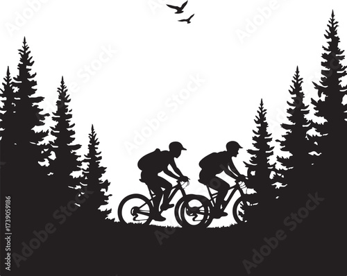 Two cyclists riding mountain bikes through pine forest silhouette