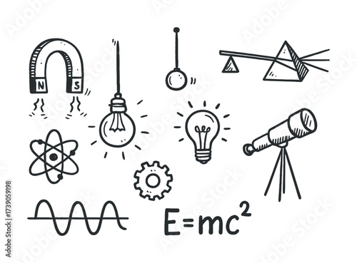 Hand-drawn physics elements with magnet, light bulbs, atom, seesaw, telescope, pendulum, wave, equation