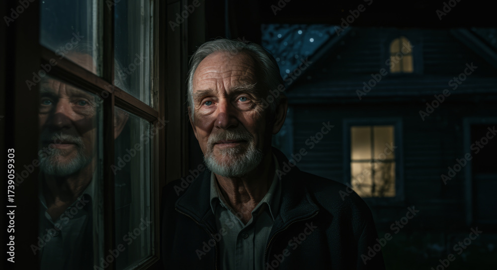 Obraz premium An elderly man stands alone at the window of an old house.