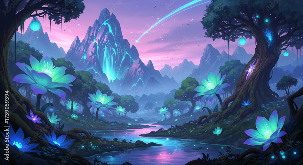 Fototapeta premium Beautiful fantasy landscape. Magical, fabulous neon glow.