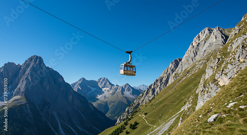 Scenic gondola ride high above a green alpine valley with rocky peaks