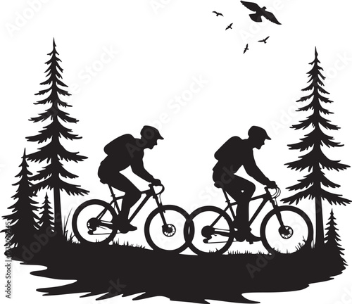 Two cyclists riding mountain bikes through pine trees