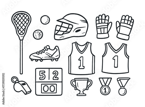 Lacrosse equipment: helmet, gloves, stick, shoes, jersey, whistle, scoreboard, trophy, medals