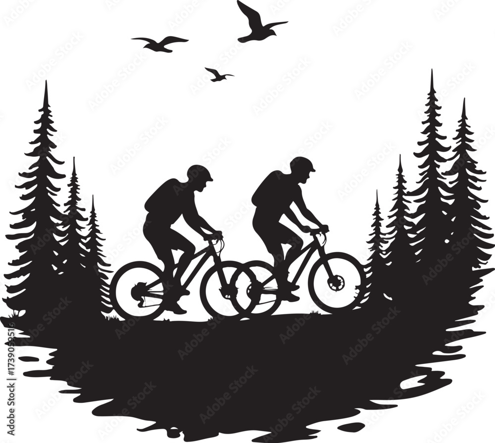 Obraz premium Two cyclists riding mountain bikes through pine trees