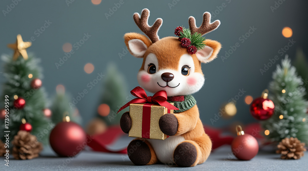 Fototapeta premium Cute cartoon reindeer holding a gift surrounded by Christmas decorations and trees