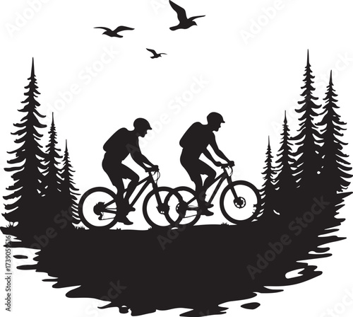 Two cyclists riding mountain bikes through pine trees