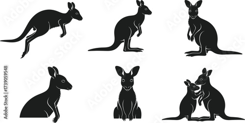 Kangaroo silhouettes, wildlife illustration, animal behavior artwork, marsupial design concept,