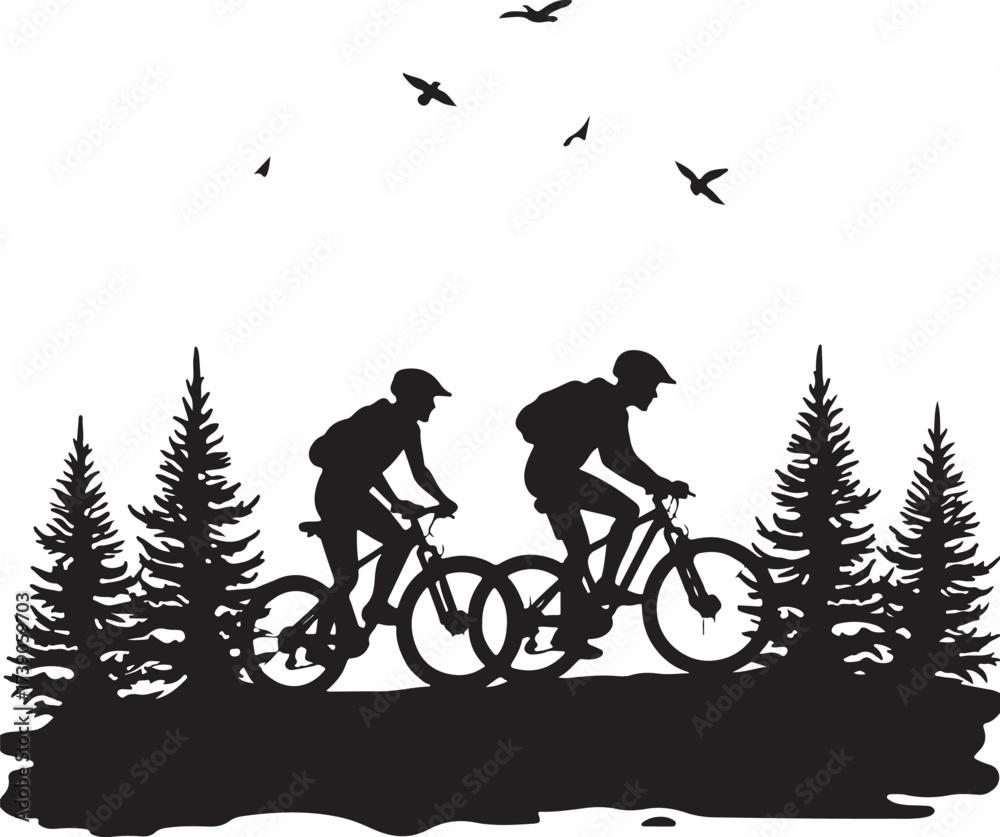 Obraz premium Two cyclists riding mountain bikes through pine trees silhouette