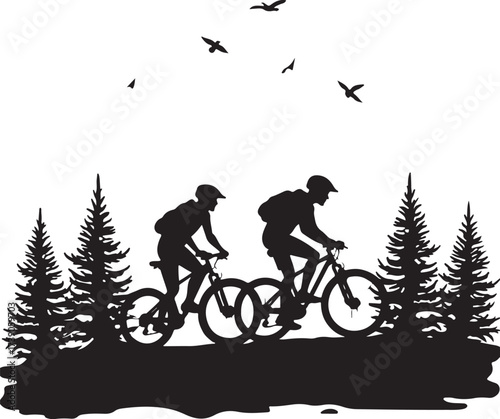 Two cyclists riding mountain bikes through pine trees silhouette