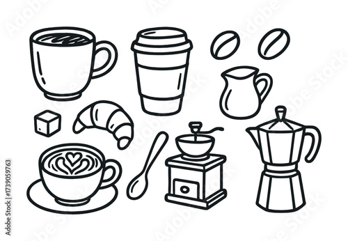 Coffee essentials: cups, beans, grinder, jug, moka pot, croissant