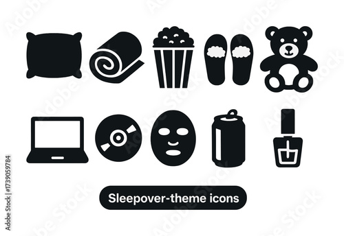Sleepover theme icons: pillow, blanket, popcorn, slippers, teddy bear, laptop, cd, face mask, soda, nail polish